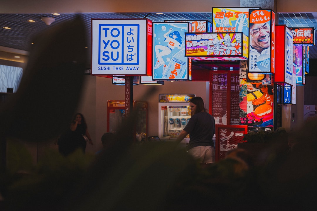 Street food with sushi and rolls in the style of a Japanese metropolis.